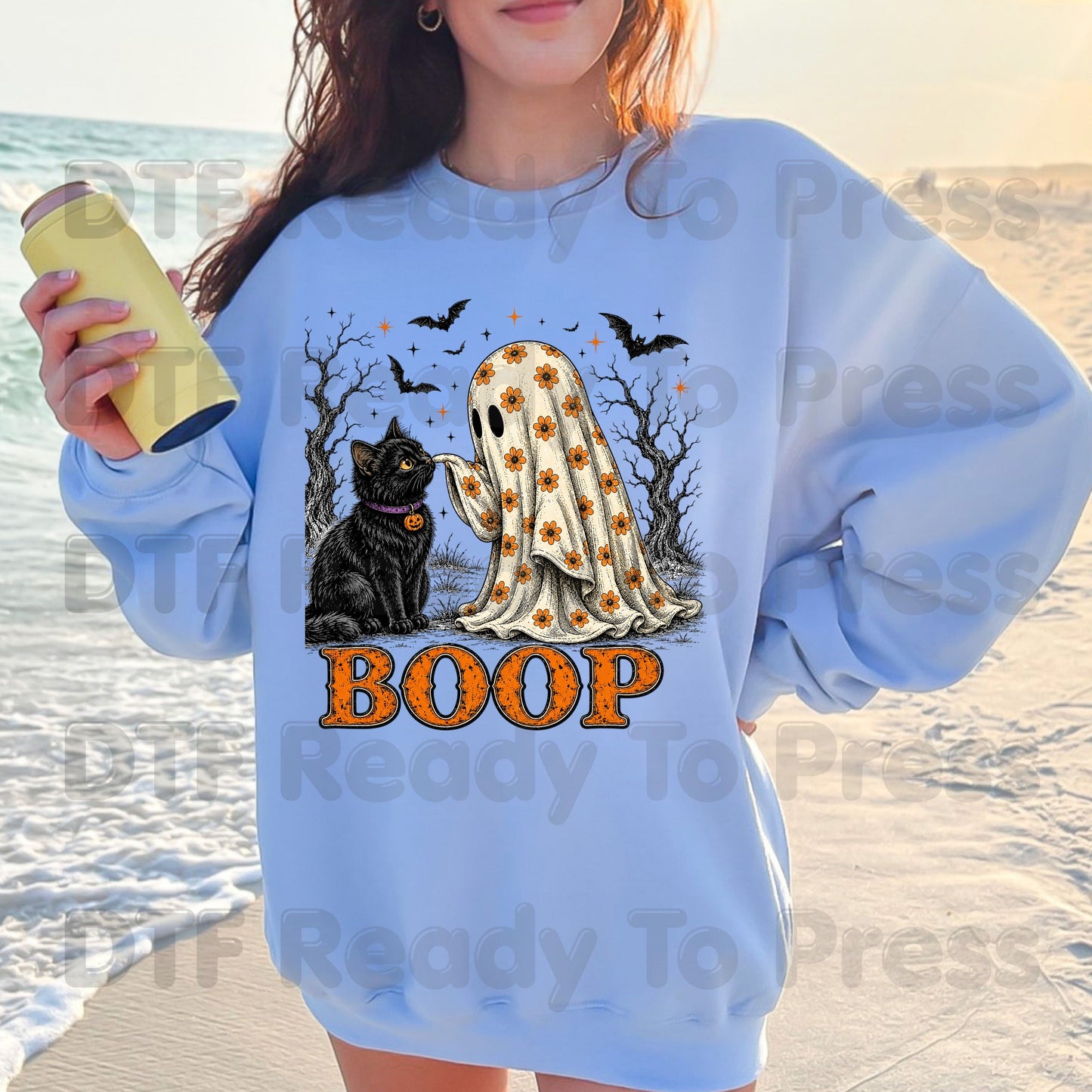 Halloween Cute Ghost Boop DTF Transfers, Black Cat Floral Sheet Bats Spooky Ready to Press