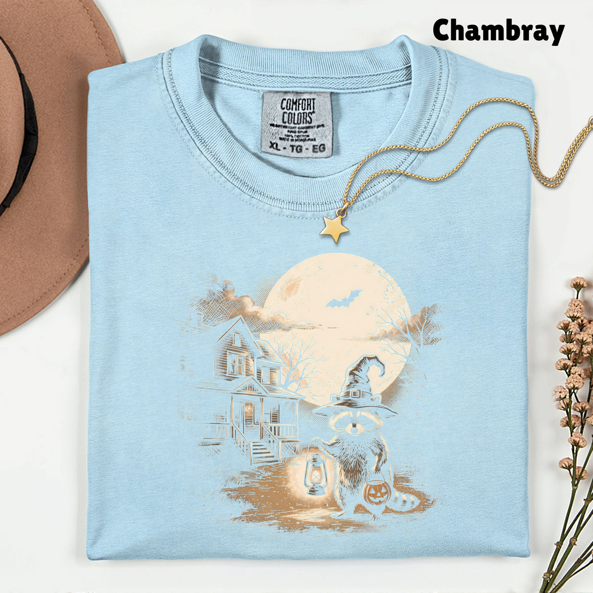 Vintage Halloween Mouse Witch T-Shirt, Full Moon Pumpkin House Sepia Trick or Treat Spooky Fall Tee