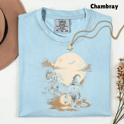 Vintage Halloween Mouse Witch T-Shirt, Full Moon Pumpkin House Sepia Trick or Treat Spooky Fall Tee