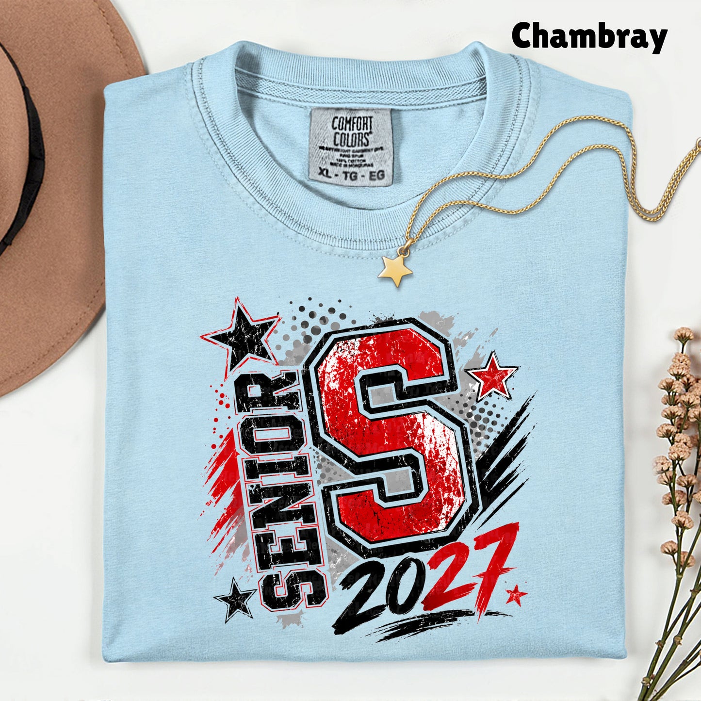 Senior 2027 Class of 2027 T-Shirt, Red Black Distressed Letter Graduation Tee