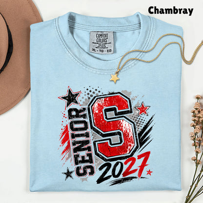 Senior 2027 Class of 2027 T-Shirt, Red Black Distressed Letter Graduation Tee
