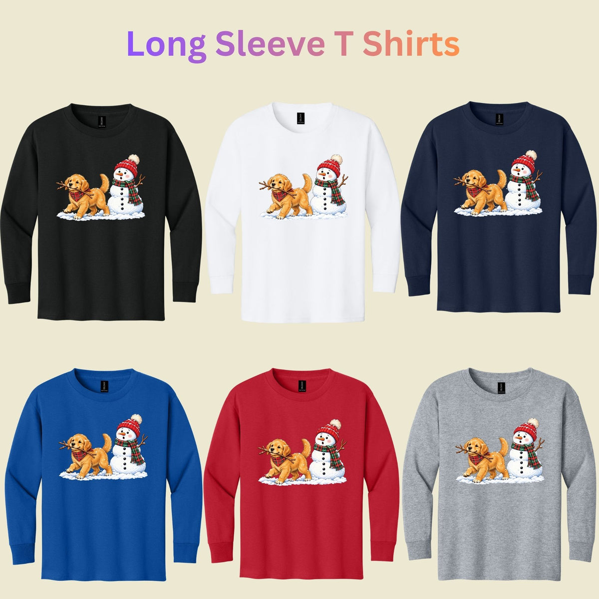 Golden Retriever Christmas T-Shirt, Puppy and Snowman Plaid Scarf Tee, Cute Winter Sweatshirt