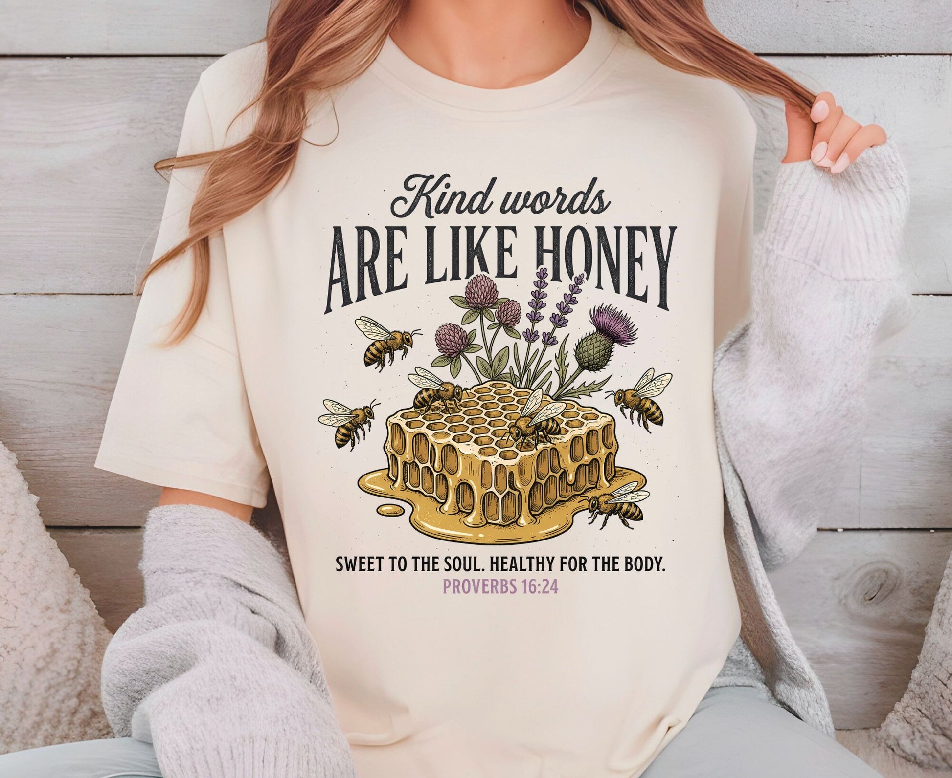 Kind Words Are Like Honey T Shirt Proverbs 16:24 Tee Christian Bee Honeycomb Shirt Religious Faith Gift Adult Youth Toddler Baby Apparel