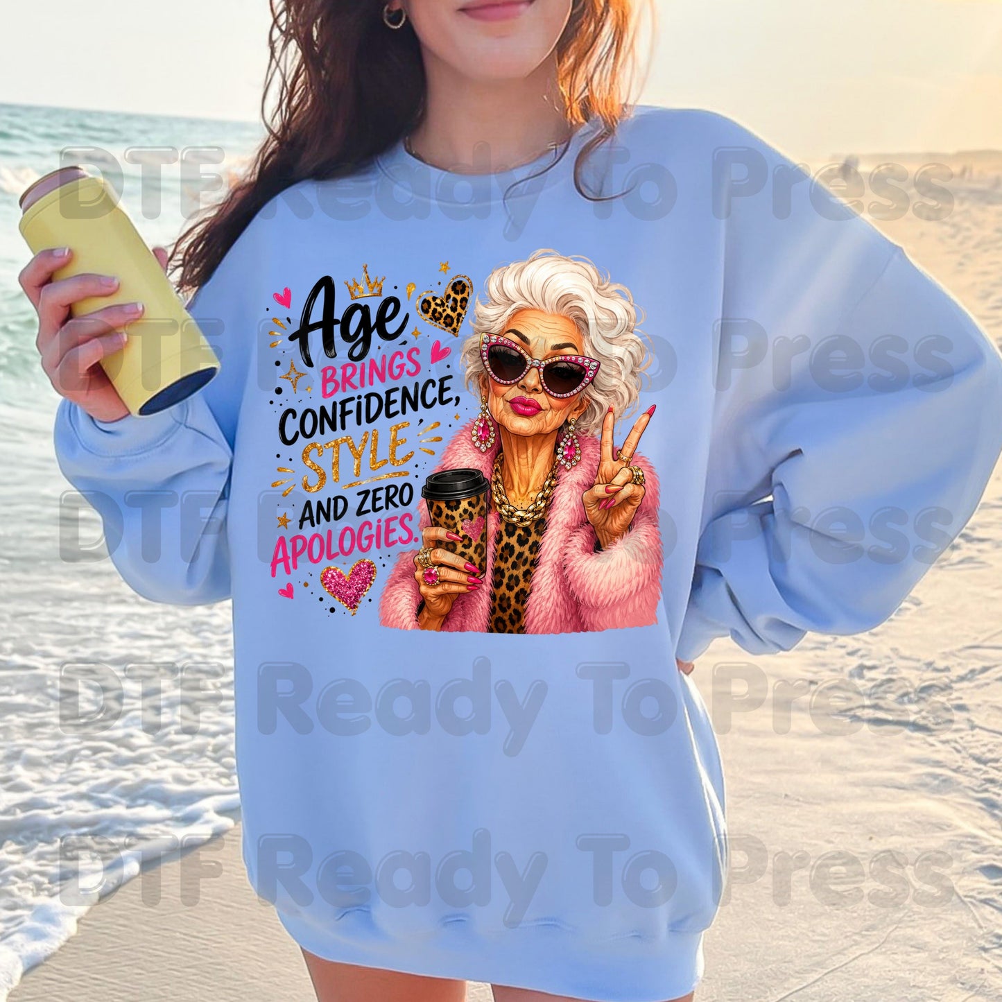 Age Brings Confidence DTF Transfers, Fabulous Glam Senior Woman Leopard Coffee Cup Ready to Press