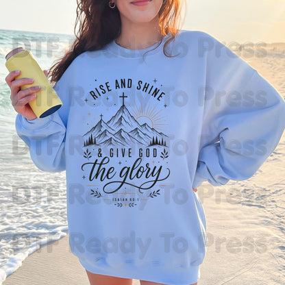 Rise and Shine Give God the Glory DTF Transfer Ready to Press Isaiah 60:1 Bible Verse UV DTF Sticker Christian Mountain Sunrise Heat Transfer for Shirts