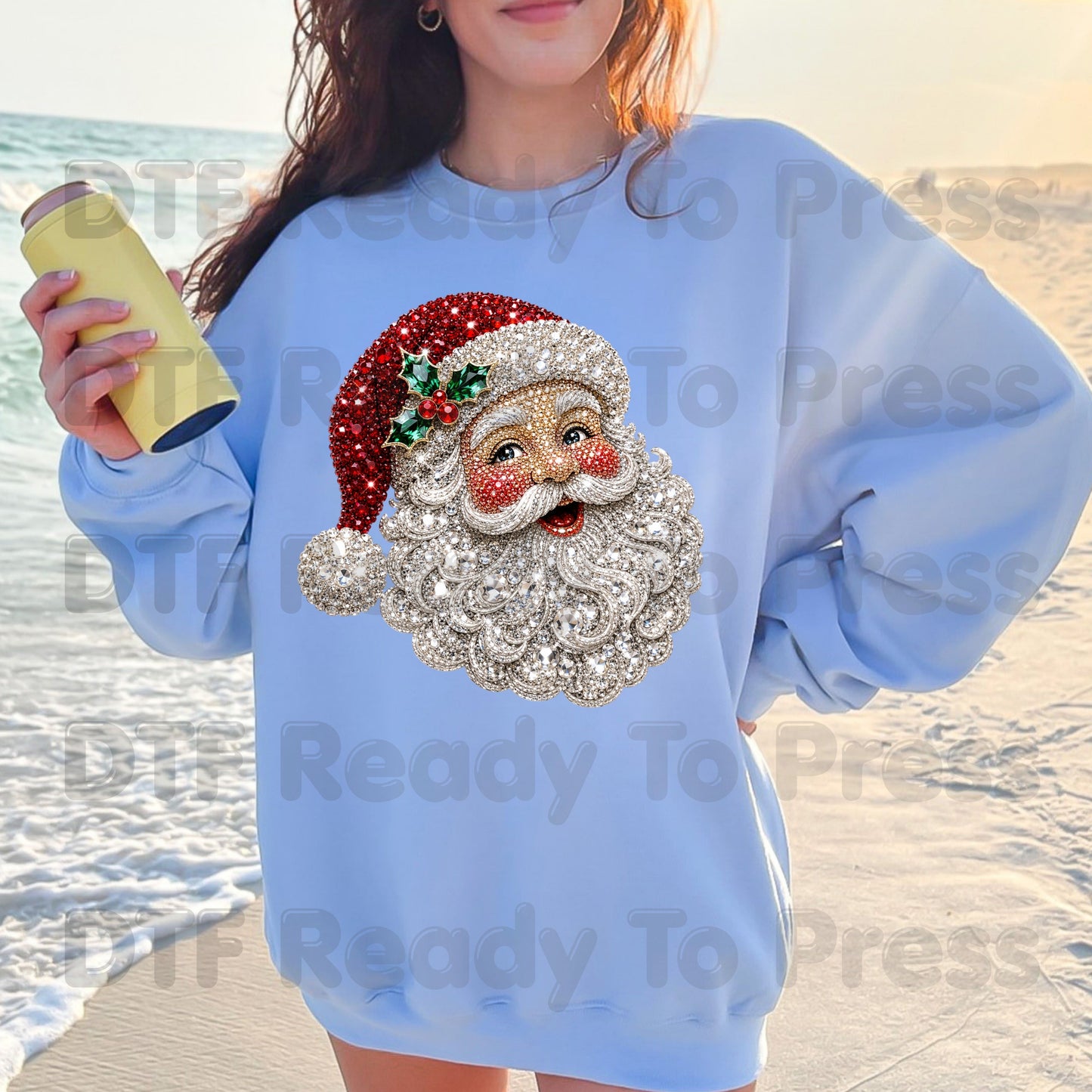 Christmas Santa Claus DTF Transfers, Vintage Bejeweled Rhinestone Santa Head Festive Holiday Ready to Press
