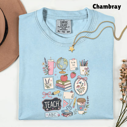 Cute Teacher Supplies Coquette T-Shirt, Books Coffee Globe Pink Bows Back to School Tee