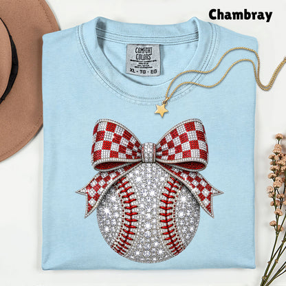 Coquette Baseball Sparkle T-Shirt, Red Checkered Bow Sports Mom Girl Tee