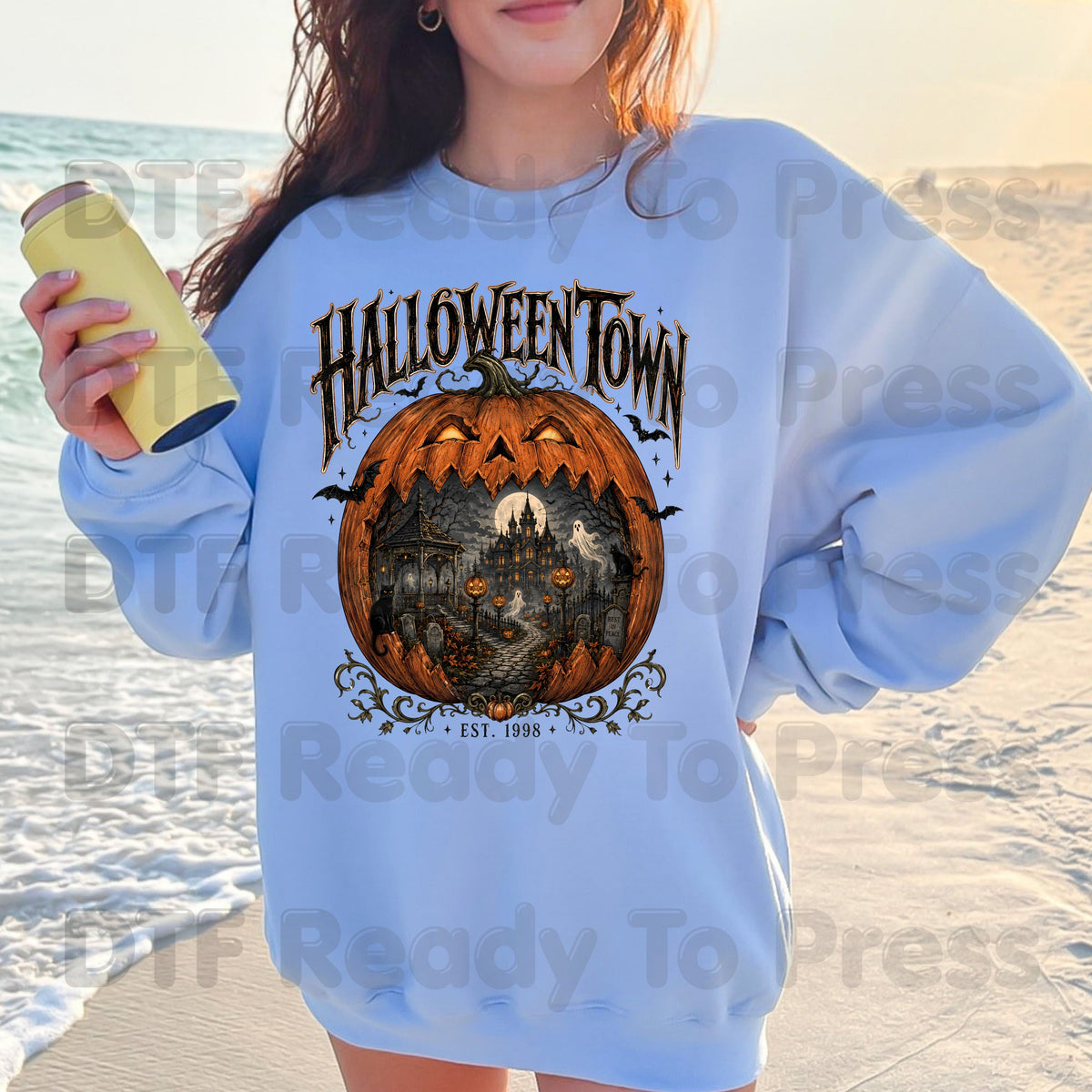 Halloween Town DTF Transfers, Est 1998 Spooky Pumpkin Vintage Haunted House Ready to Press