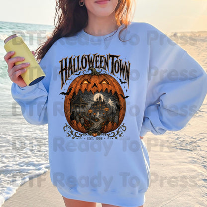 Halloween Town DTF Transfers, Est 1998 Spooky Pumpkin Vintage Haunted House Ready to Press