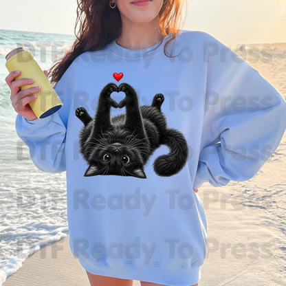 Black Cat Heart Hands DTF Transfers, Cute Kitty Kitten Lover Heart Paws Love Ready to Press