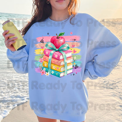 Coquette Stacked Books DTF Transfers, Apple Ribbon Colorful Teacher Brushstrokes Ready to Press