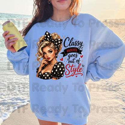Classy Never Goes Out of Style DTF Transfers, Vintage Pinup Girl Polka Dot Bow Ready to Press
