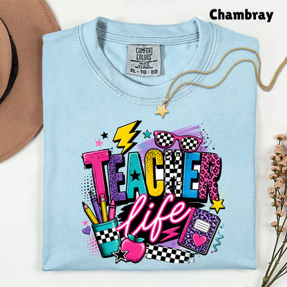 Retro Neon Teacher Life T-Shirt, Colorful Doodle Graffiti Checkerboard Sunglasses Back to School Tee