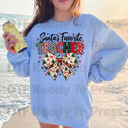 Santa's Favorite Teacher DTF Transfers, Christmas School Tree Bow Plaid Holiday Ready to Press