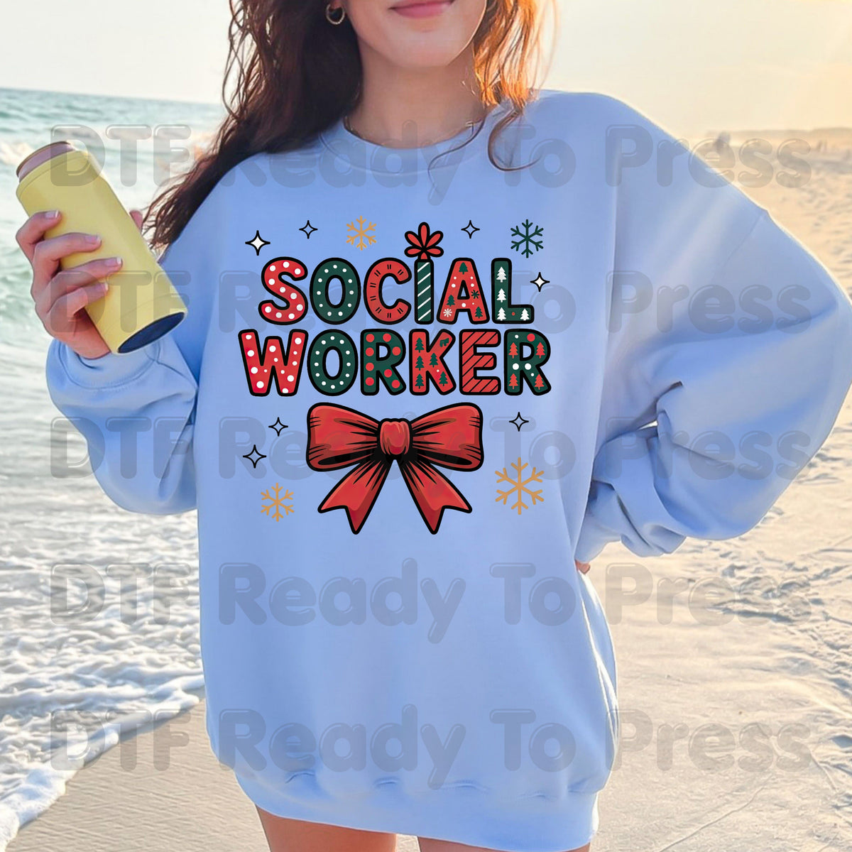 Christmas Social Worker Bow DTF Transfers, Community Snowflake Polka Dot Holiday Ready to Press