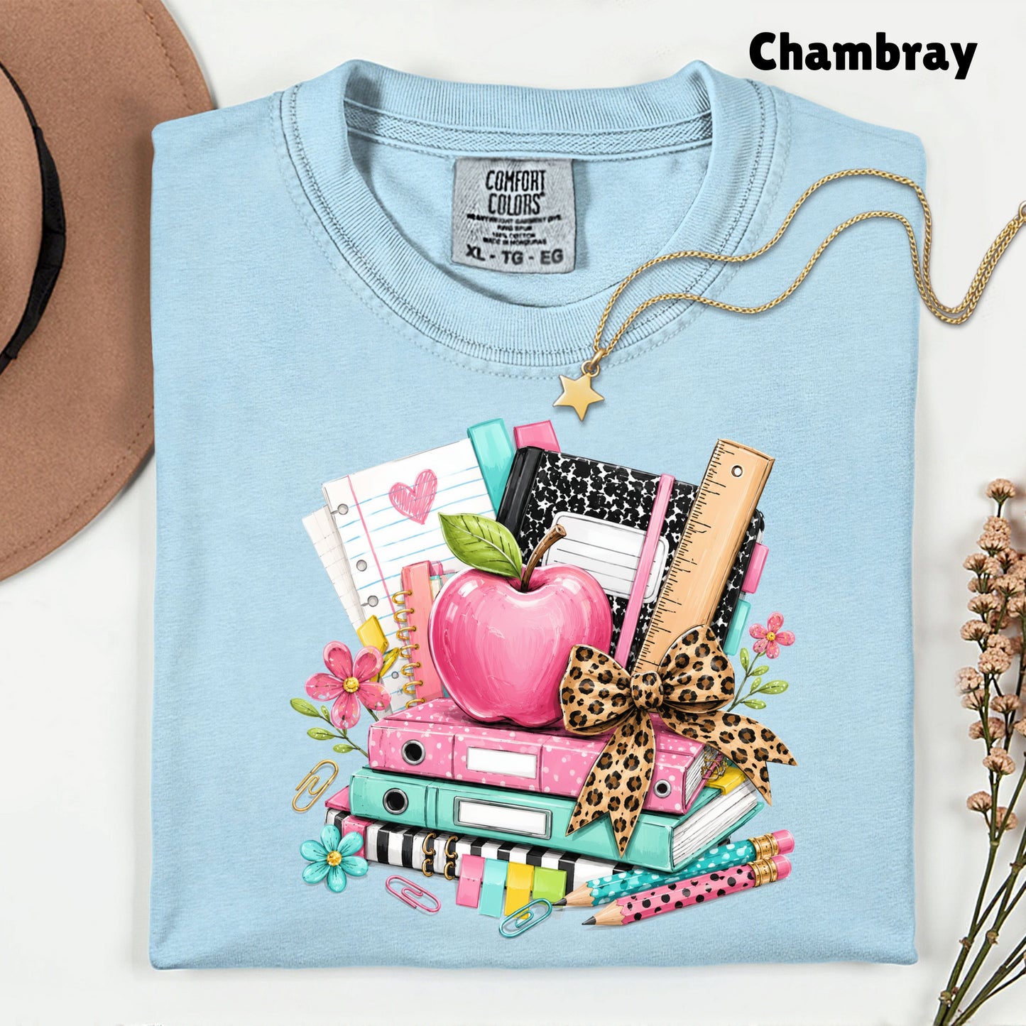 Pink Apple School Supplies T-Shirt, Books Leopard Bow Back to School Teacher Tee