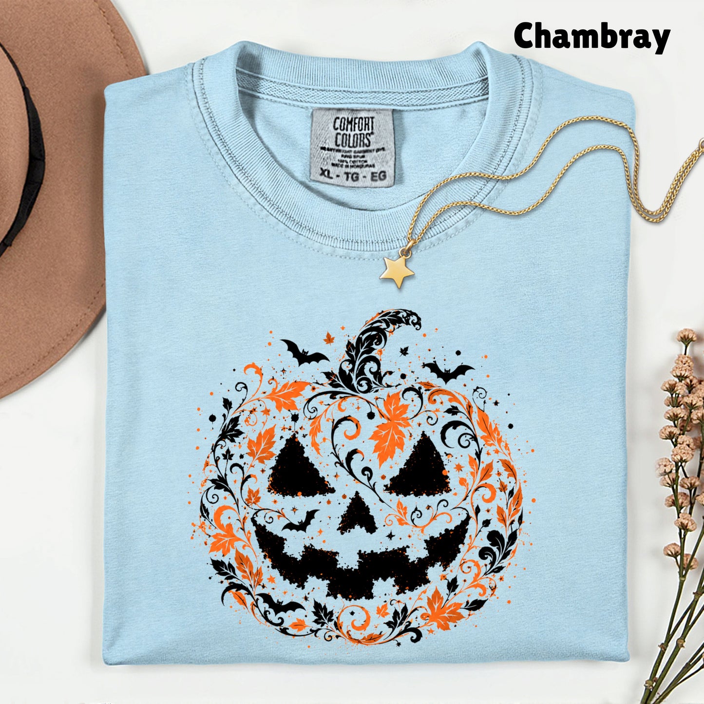 Halloween Pumpkin Face Floral Swirl Gothic T-Shirt, Intricate Spooky Pumpkin Tee