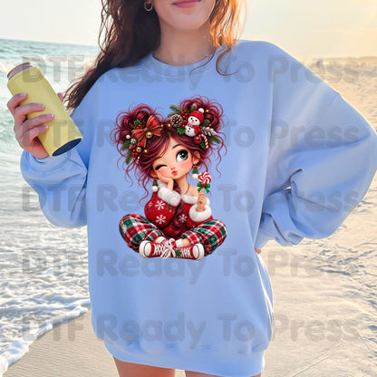 Christmas Girl DTF Transfers, Messy Bun Lollipop Cute Holiday Ready to Press