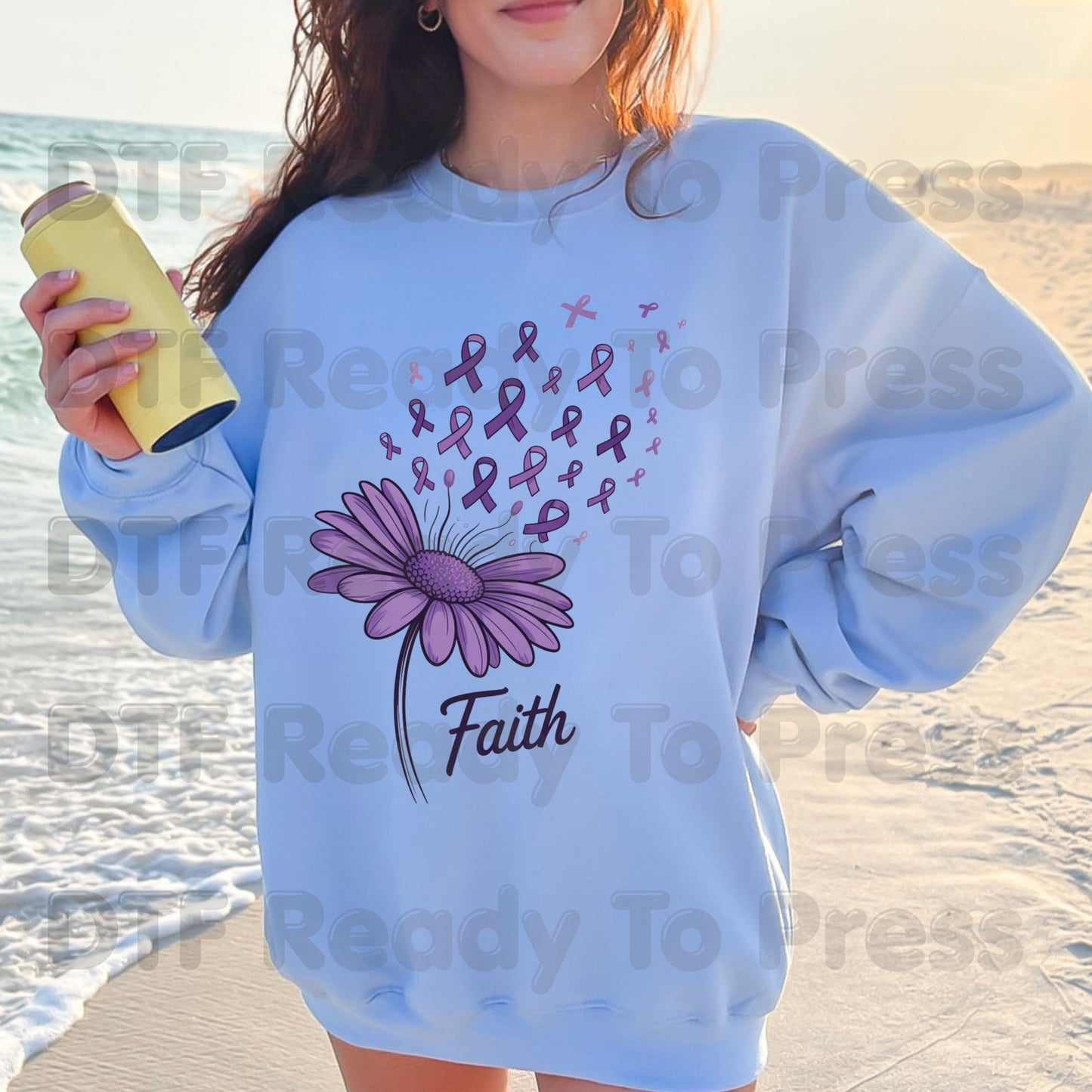 Faith Ribbon DTF Transfer Breast Cancer Awareness Brush Strokes Heat Transfer Ready to Press Tee Print Direct to Film
