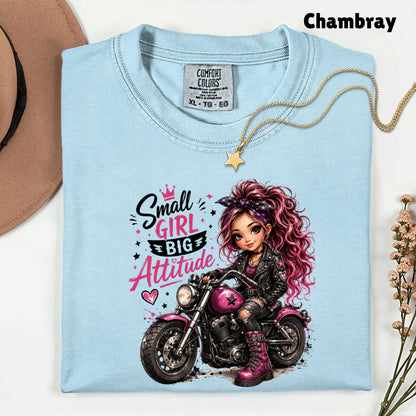 Small Girl Big Attitude Biker Girl T-Shirt, Pink Motorcycle Cute Rocker Tee
