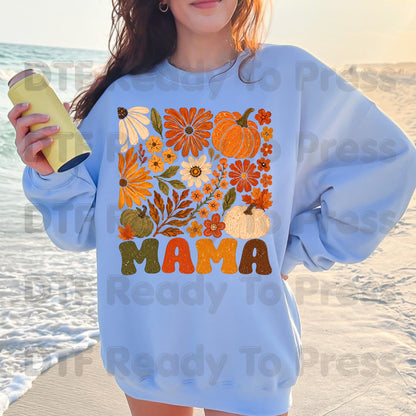 Mama Fall Floral Pumpkins DTF Transfers, Retro Groovy Autumn Flowers Thanksgiving Ready to Press