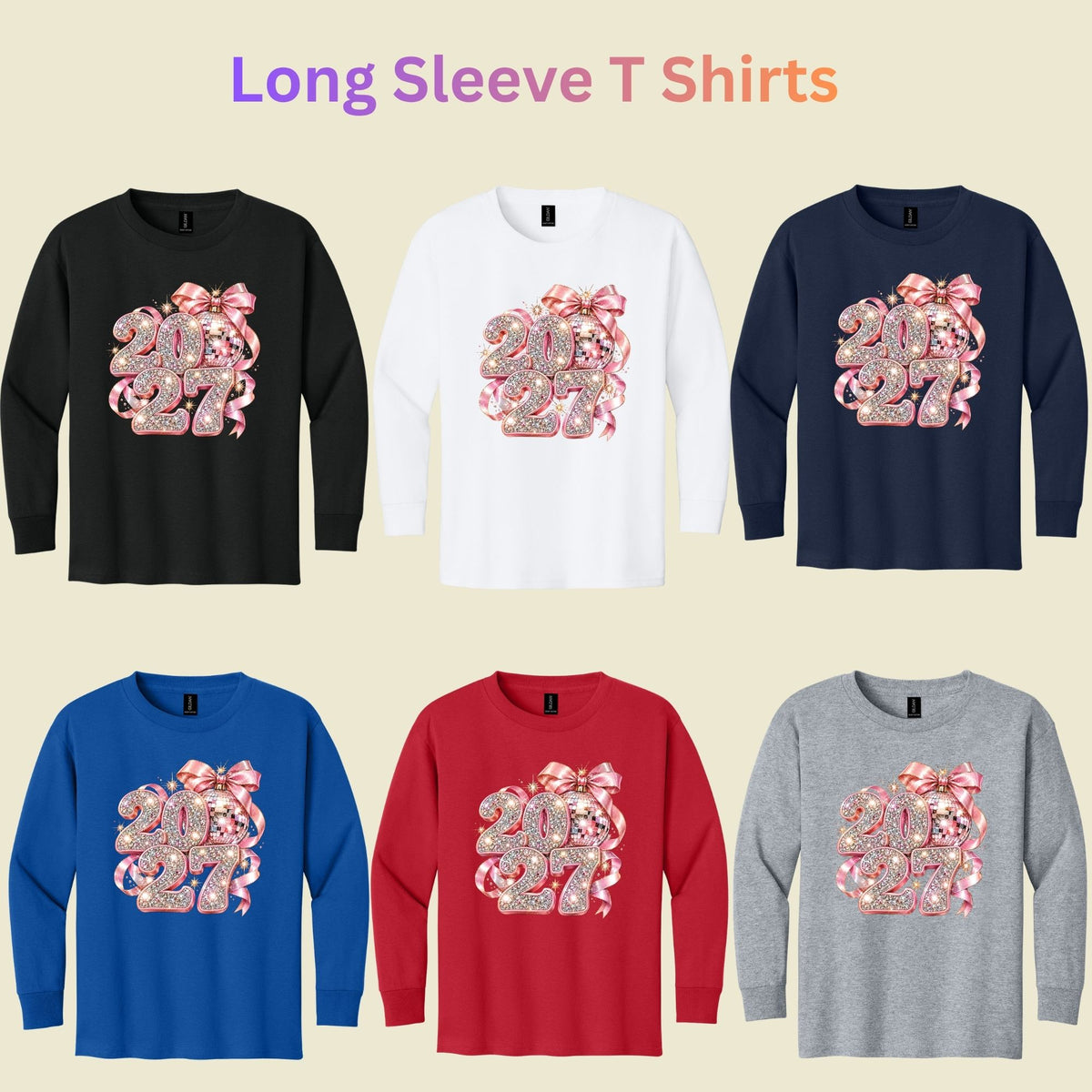 New Year 2027 T-Shirt, Pink Glitter Disco Ball Bow Tee, Sparkly Party Sweatshirt