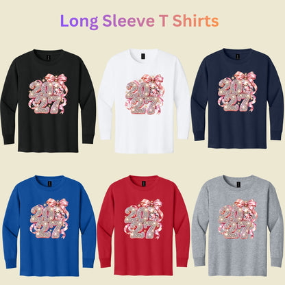 New Year 2027 T-Shirt, Pink Glitter Disco Ball Bow Tee, Sparkly Party Sweatshirt