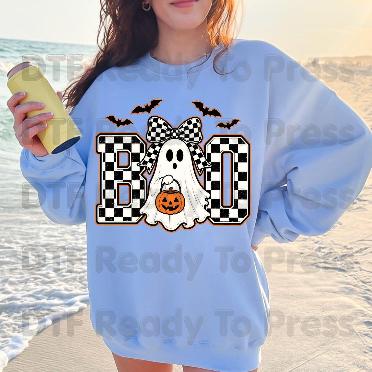 Boo Checkered Bow Ghost DTF Transfers, Halloween Pumpkin Bucket Bats Retro Ready to Press