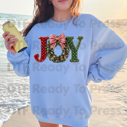 Joy Christmas DTF Transfers, Wreath Plaid Bow Polka Dot Letters Festive Holiday Ready to Press