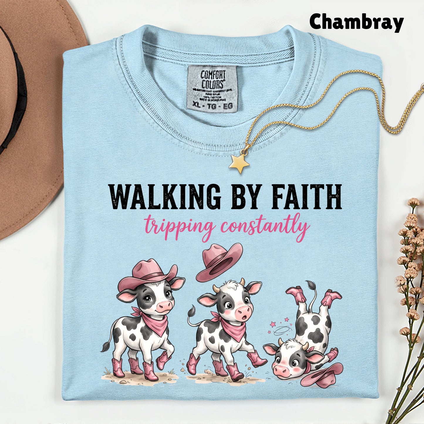 Funny Western Cow Walking by Faith T-Shirt, Pink Cowboy Boots Christian Humor Tee