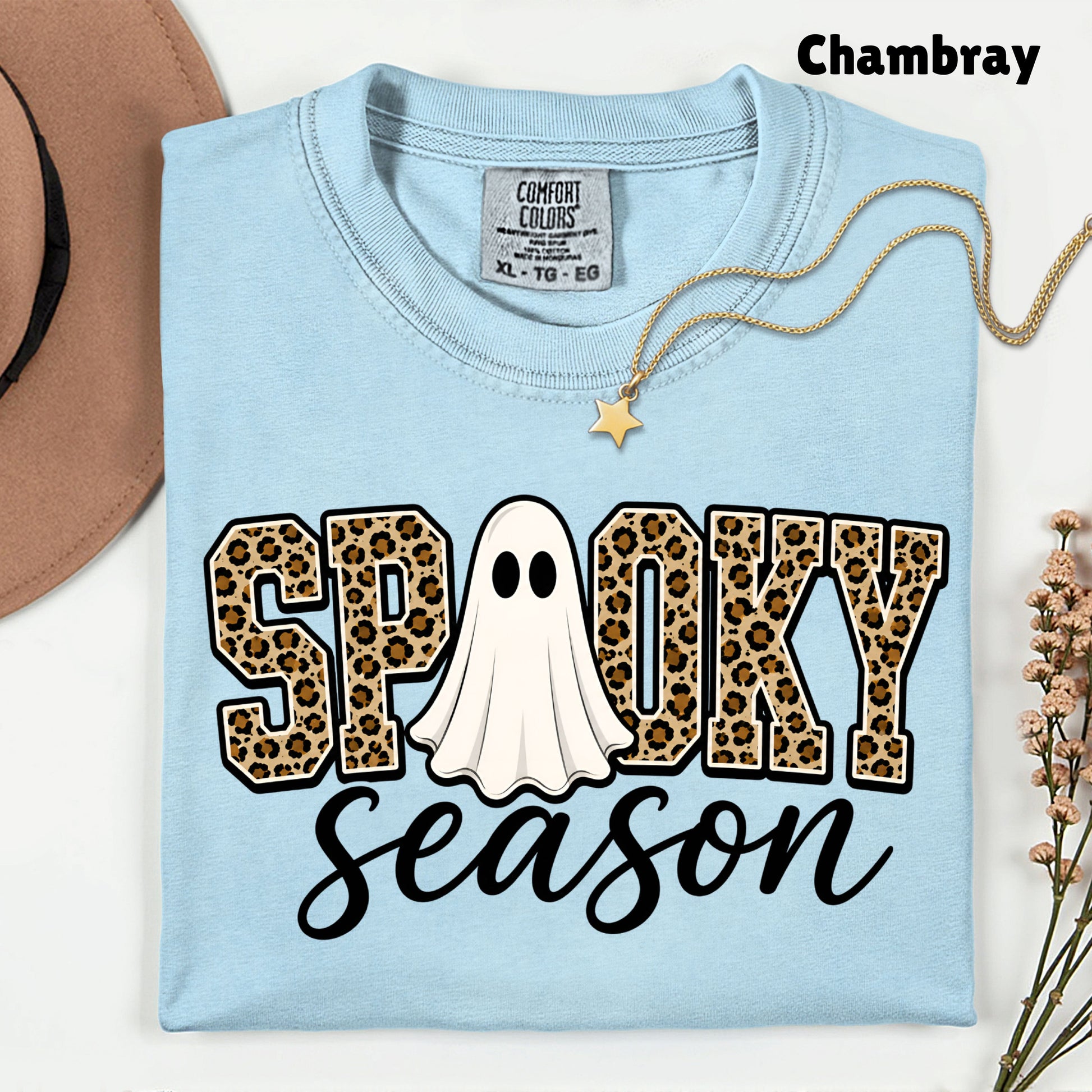 Halloween Spooky Season Ghost T-Shirt, Leopard Print Cheetah Varsity Letters Tee