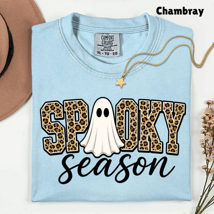 Halloween Spooky Season Ghost T-Shirt, Leopard Print Cheetah Varsity Letters Tee