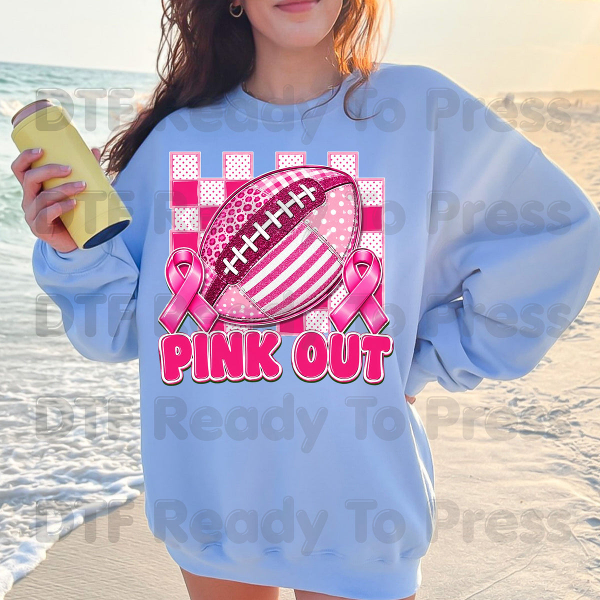 Pink Out DTF Transfers, Breast Cancer Awareness Football Pink Ribbon Support Ready to Press
