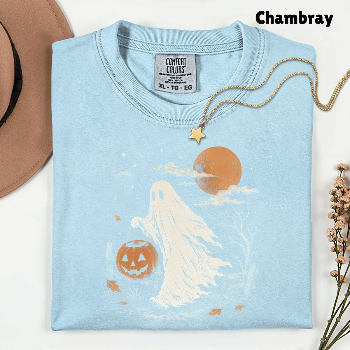 Vintage Halloween Ghost T-Shirt, Jack O Lantern Full Moon Sepia Neutral Tones Spooky Fall Tee