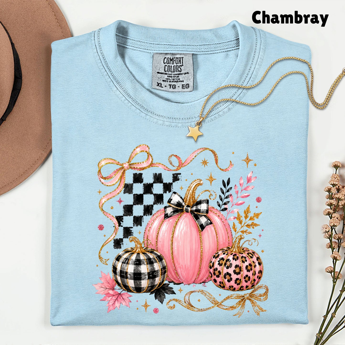 Pink Coquette Fall Pumpkin T-Shirt, Leopard Plaid Ribbon Bow Checkered Autumn Tee