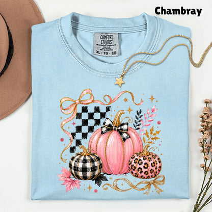 Pink Coquette Fall Pumpkin T-Shirt, Leopard Plaid Ribbon Bow Checkered Autumn Tee