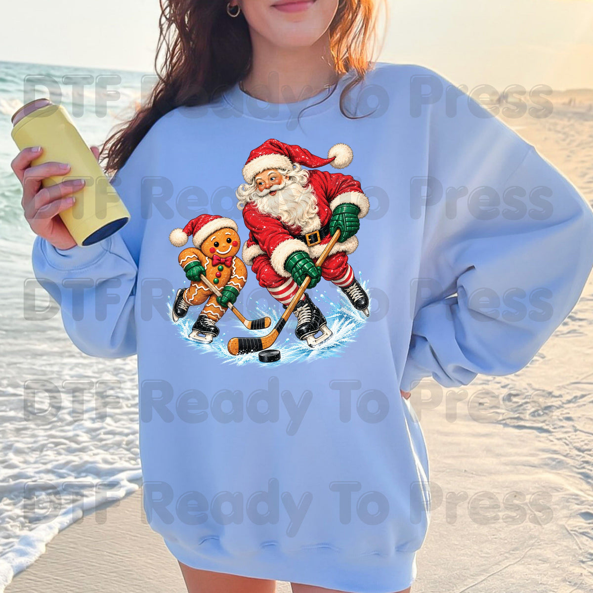 Christmas DTF Transfer, Santa and Gingerbread Man Playing Hockey, Holiday Sports Graphic