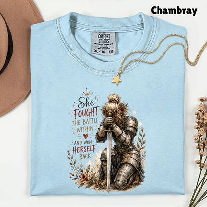 Inspirational Knight Girl She Fought the Battle Within T-Shirt, Female Warrior Sword Armor Tee