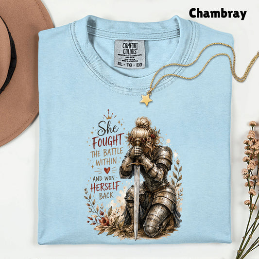Inspirational Knight Girl She Fought the Battle Within T-Shirt, Female Warrior Sword Armor Tee