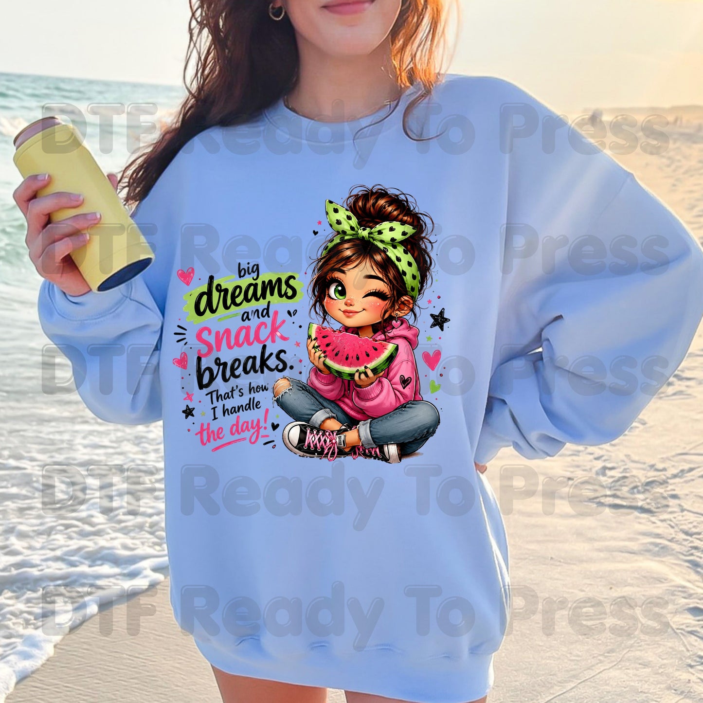 Big Dreams Snack Breaks DTF Transfers, Cute Watermelon Girl Sassy Summer Quote Ready to Press