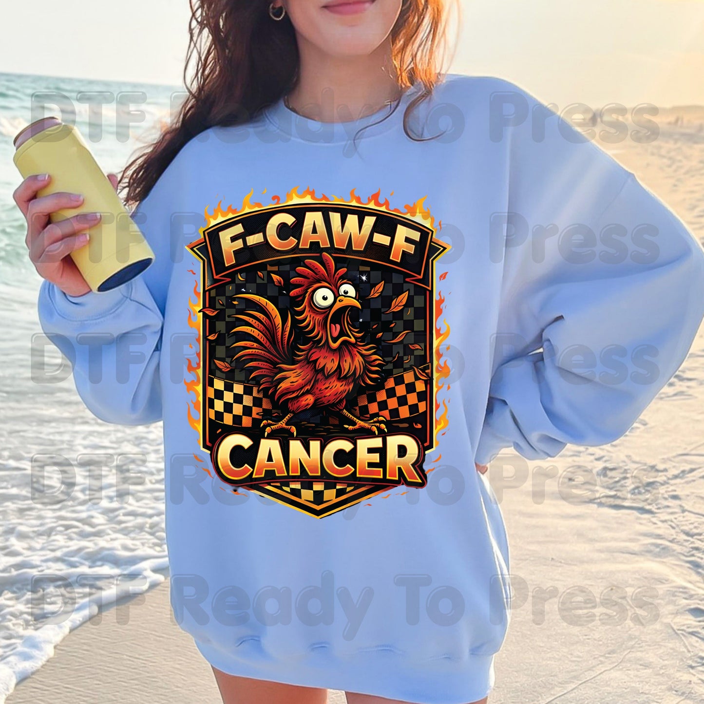 Funny Rooster DTF Transfer Ready to Press F Caw F Cancer Flaming Checkered Flag Heat Transfer Tee Print Direct to Film Transfer
