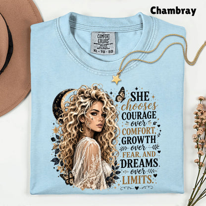 She Chooses Courage Inspirational T-Shirt, Blonde Woman Butterfly Crescent Moon Tee Sweatshirt