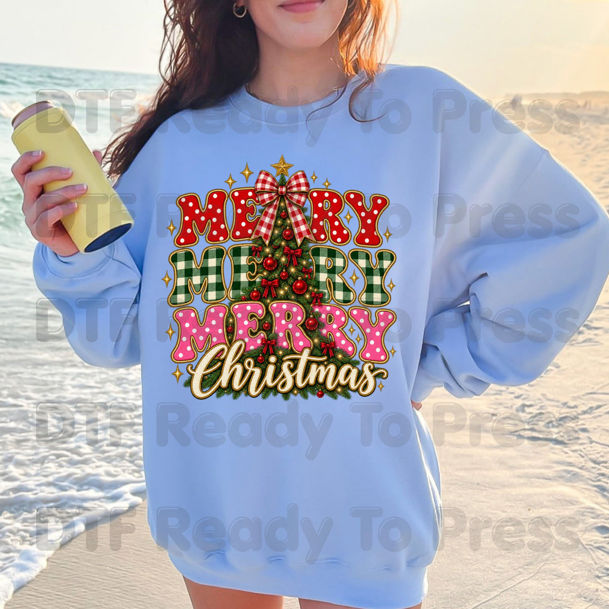 Merry Merry Christmas Tree DTF Transfers, Plaid Polka Dot Pink Holiday Ready to Press