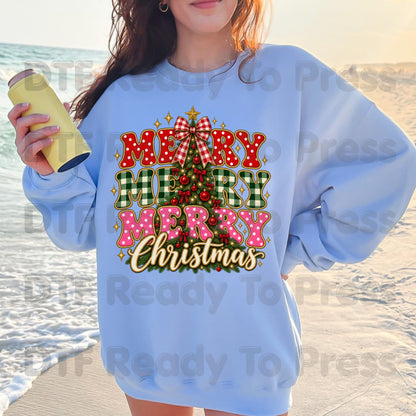Merry Merry Christmas Tree DTF Transfers, Plaid Polka Dot Pink Holiday Ready to Press