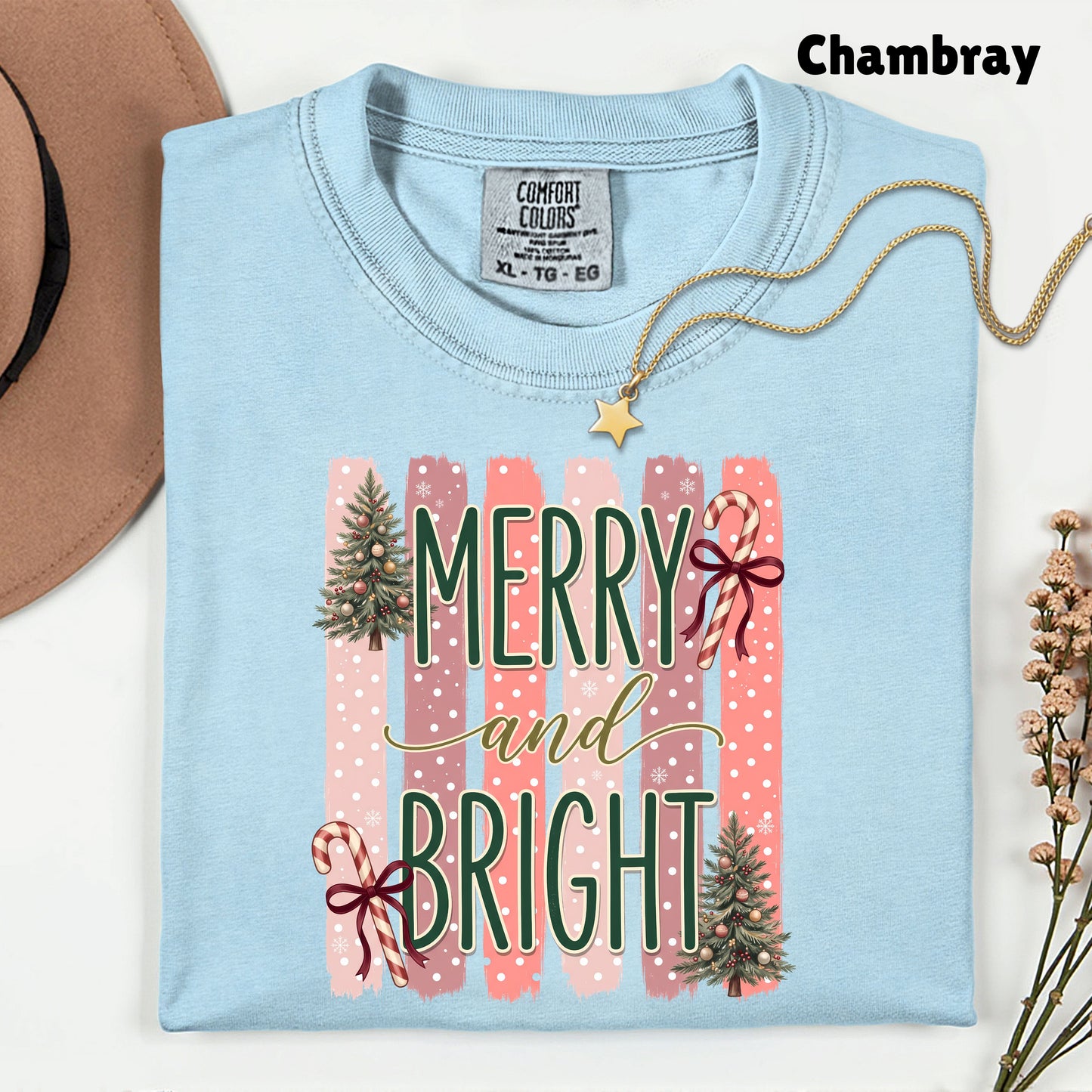 Merry and Bright Comfort Colors T Shirts Cute Christmas Tree Tees Pink Candy Cane Shirt Festive Holiday Winter Graphic Hoodie