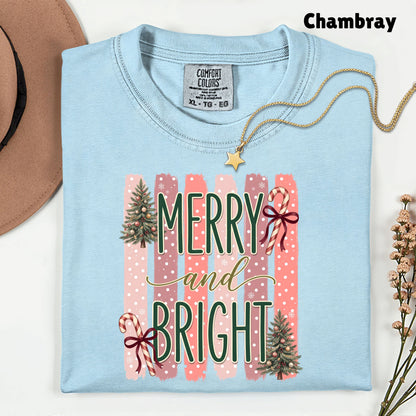 Merry and Bright Comfort Colors T Shirts Cute Christmas Tree Tees Pink Candy Cane Shirt Festive Holiday Winter Graphic Hoodie