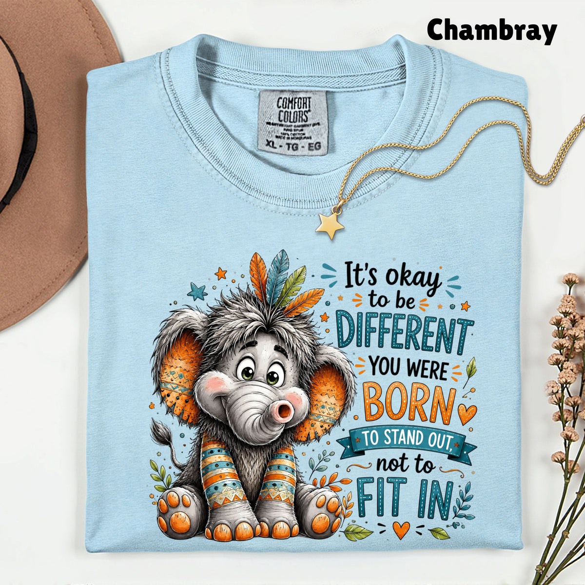 It's Okay to Be Different Elephant T-Shirt, Cute Feathers Stand Out Quote Tee