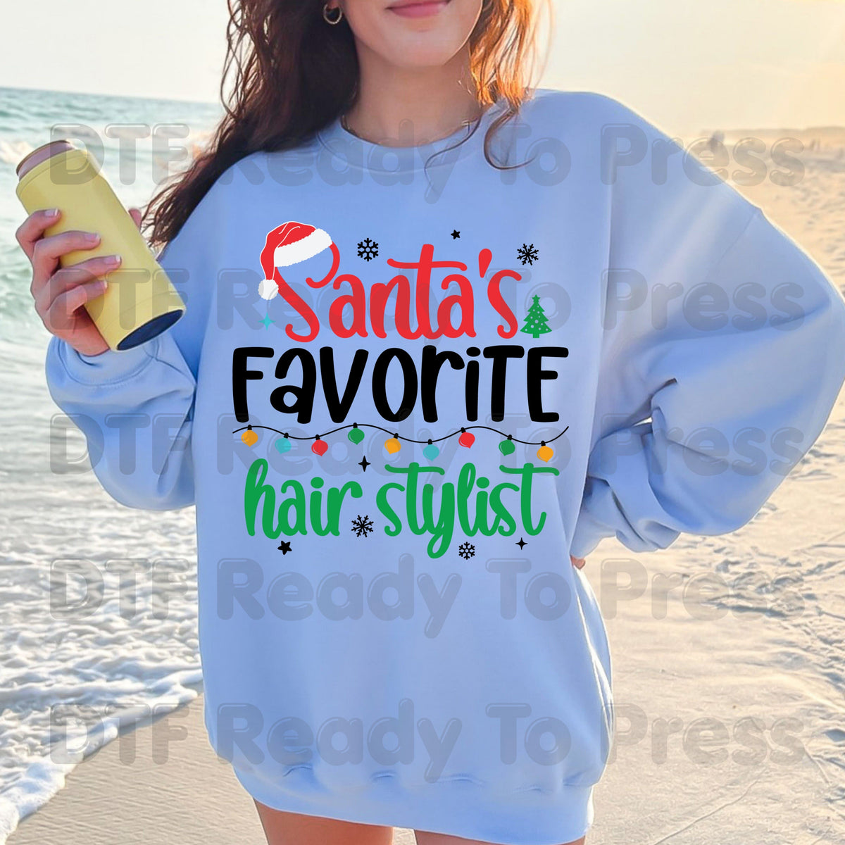 Santa's Favorite Hairstylist DTF Transfers, Christmas Salon Holiday Lights Santa Hat Ready to Press