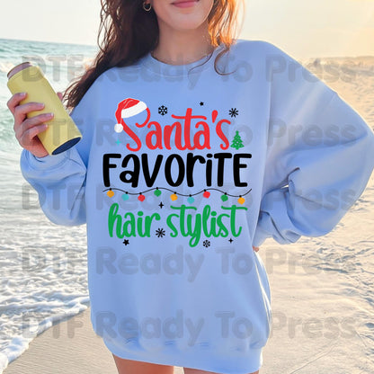Santa's Favorite Hairstylist DTF Transfers, Christmas Salon Holiday Lights Santa Hat Ready to Press